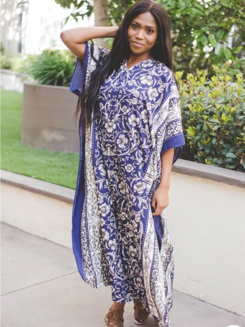 Winlar Navy Blue Floral Maxi Relaxed Satin Caftan Dress One Size Fits Most